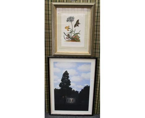 A large coloured print of a townhouse with Victorian street lamp, together with a reproduction botanical print (2) 84 x 55cm 