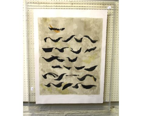 Zenzo Sakamoto ( Japanese 1911 - 1987) An abstract of bird like forms. Lithograph, pencil signed and numbered 96 / 100. 72 x 