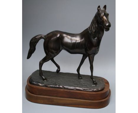 A contemporary hollow cast bronze of a thoroughbred modelled standing with hind quarter raised, on stepped wood plinth. 46 x 