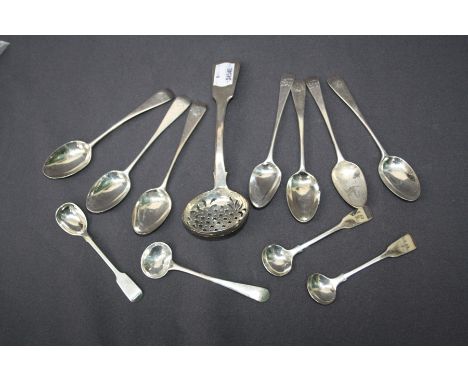 A George IV fiddle pattern silver sifting spoon by J and H Lias, London 1820. Together with other silver tea spoons, mustards
