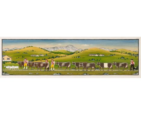 Martinelli, Ulrich (Degersheim 1911–1989 St. Peterzell)Alpfahrt mit Säntis, 1962. Öl auf Hartfaserplatte. 17,5x65,8 cm. Gerah
