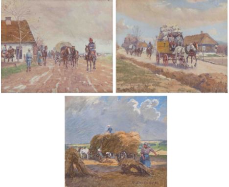 Enzinger, Hans(Krummnussbaum 1889–1972 Baden/Wien)Folge von 3 Miniaturgemälden: Postkutsche, 1916 / Pferdefuhrwerk, 1916 / He