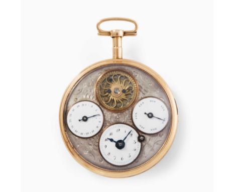 Gold-Spindeltaschenuhr mit Datumsanzeige, um 1800Wohl Westschweiz, unsigniert. Glattes Goldgehäuse mit profilierten Rändern, 