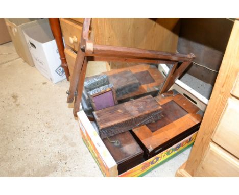 A box containing a mahogany tea caddy; another box; dressing table mirror etc. 