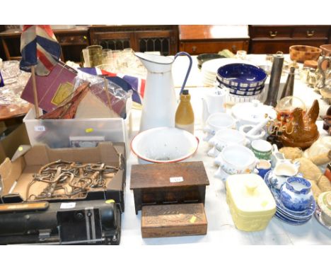An enamel jug; enamel chamber pot; a stoneware bottle and stopper; an oak trinket box and an inlaid carved trinket box