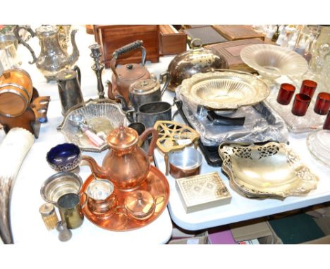 A quantity of various silver plated and metalware to include a Mappin Brothers silver plated food cover; pedestal dishes with