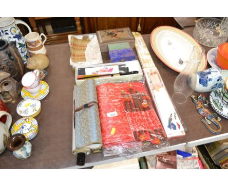 Various Oriental items including a scrollwork print, fabrics, boxes, curved dagger etc.