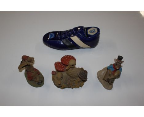 A box containing Landingham figures; and a vintage Ipswich Town FC money box in the form of a football boot