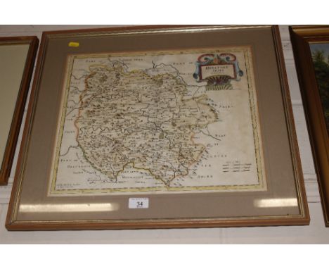 A framed and glazed hand coloured map of Herefordshire by R. Morden