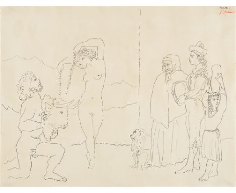 Pablo Picasso, La danse des banderillesOriginal-Lithographie auf Velin mit Wasserzeichen "ARCHES". 50,4 x 64,8 cm. Unter Glas