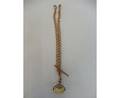 A 9ct gold watch chain with t bar and citrine attachment, overall weight 44.7g.