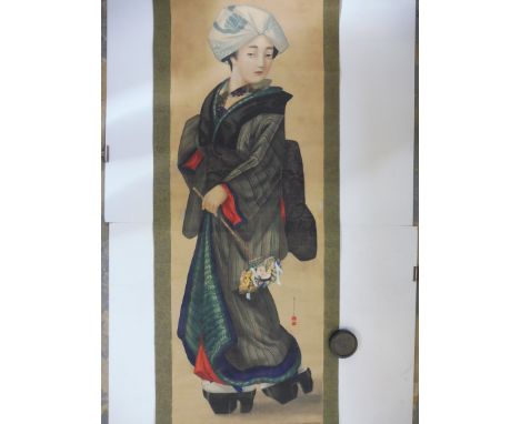 A Chinese handpainted hanging panel of a lady, signed, 24 x 87".