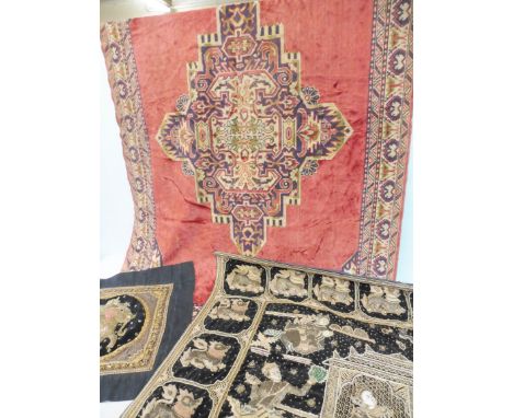 A very good quality sequin embroidered and multi-coloured thread wall hanging, depicting a pair of central figures sat in a b
