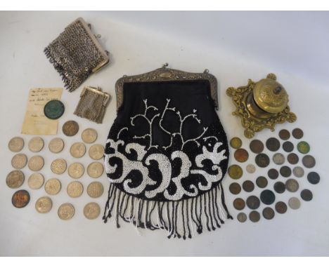 Three evening bags, a brass inkwell and a selection of coinage etc.
