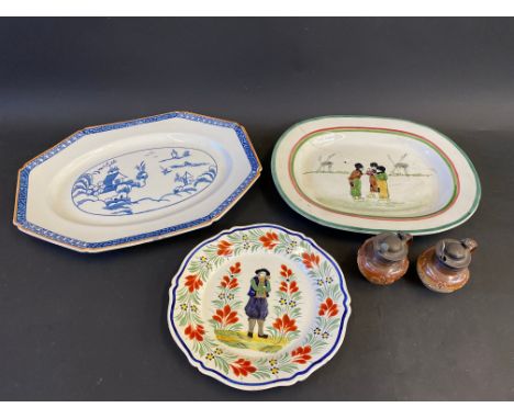 A pair of Doulton Lambeth stoneware miniature jugs with silver lids and rims, a Quimper plate and an unusual meat platter etc