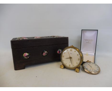 A small Swiss alarm clock, marked IMHOF to the dial, a rolled gold Grosvenor pocket watch plus a wooden jewellery box inset w