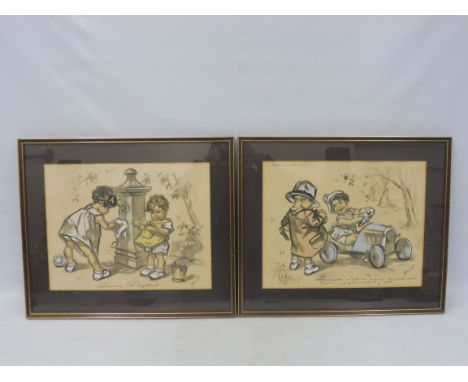 G. BOURET - a pair of French comical studies of children, the first depicting a girl in a pedal car, the second two children 