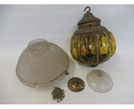 An early 20th Century ribbed glass light shade plus a brass framed hanging light. 