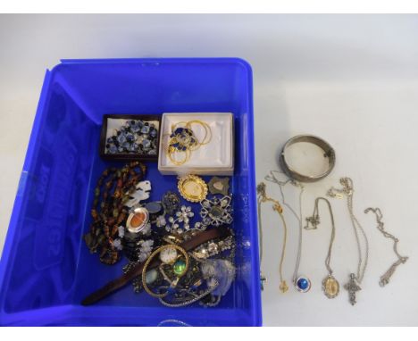 A box of assorted costume jewellery and watches plus a silver bangle etc.