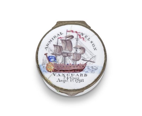 HMS Vanguard: A South Staffordshire enamel patch box, circa 1800Of circular form, the lid printed and hand-coloured with 'VAN