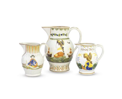 Three Prattware jugs, circa 1800Moulded in relief and picked out in colours, the largest with profile portraits of 'ADMIREL D
