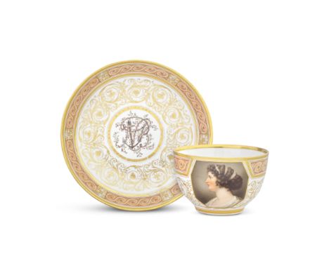 Nelson and Emma: An important Coalport cup and saucer by Thomas Baxter, dated 1804Of generous size, the cup finely painted in