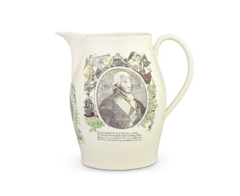A large creamware jug, circa 1800Printed in black and hand-coloured in red, yellow and green with a fine portrait of Sir John