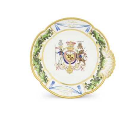 A London-decorated Paris dish from the 'Nelson Set Dessert Service', circa 1802Of quatrelobed round shape with a shell shaped