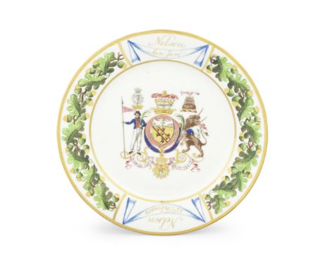 A London-decorated Paris plate from the 'Nelson Set Dessert Service', circa 1802The brightly-painted oak leaf border reservin