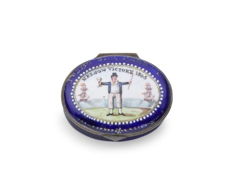 A South Staffordshire enamel patch box, early 19th centuryPainted with a sailor holding a glass aloft, standing on shore and 