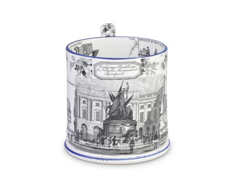 A large Herculaneum pearlware frog mug, circa 1830Printed in black with the 'Exchange Buildings and Nelson Monument Liverpool