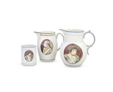 Nelson and Duncan: Two pearlware jugs and a mug, circa 1800Printed in outline and hand-coloured with titled portraits, the la