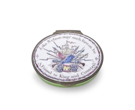 A South Staffordshire enamel patch box, early 19th centuryPrinted and hand-coloured with trophies of war piled high with ship