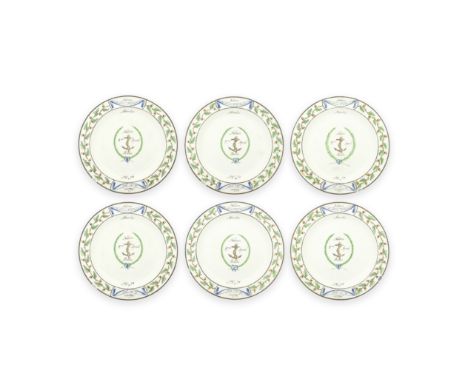 Six creamware dinner plates from the 'Baltic Set Dinner Service', circa 1802Enamelled with a border of oak leaves and acorns 