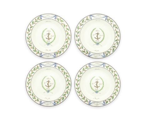 Four creamware soup plates from the 'Baltic Set Dinner Service', circa 1802With enamelled borders of oak leaves and acorns re