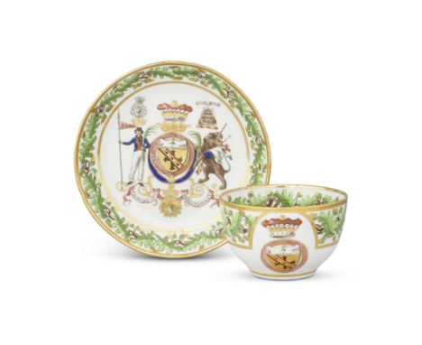 A Coalport breakfast cup and saucer from the 'Nelson Set Tea Service', circa 1802Of distinctive shape and large size, the bor