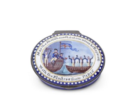 A rare South Staffordshire enamel patch box, circa 1800The lid painted with Nelson standing at the stern of his ship, tars st