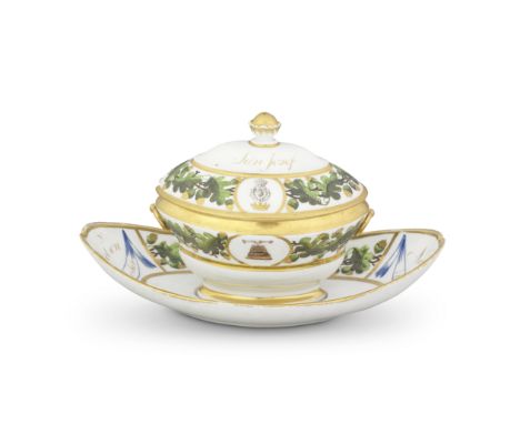 A London-decorated Paris tureen and cover on a fixed stand, from the 'Nelson Set Dessert Service', circa 1802Of oval shape wi