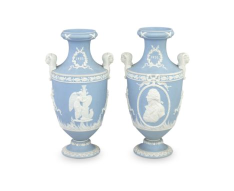 A pair of Wedgwood jasper dip 'Trafalgar' vases, circa 1905Made to commemorate the centenary of the Battle of Trafalgar, of c