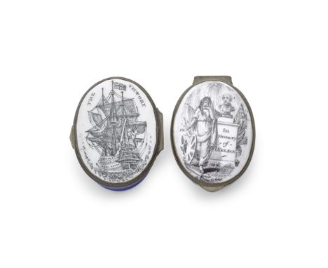 Two South Staffordshire enamel patch boxes, early 19th centuryPrinted in black, the first with 'THE VICTORY', Nelson's ship f
