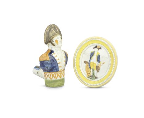 Nelson and Napoleon: a Prattware plaque and a novelty bird feeder, circa 1800-10The oval plaque moulded in relief with a name