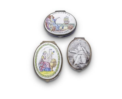 Britannia: Three South Staffordshire enamel patch boxes, circa 1800Printed with the seated figure of Britannia, the Union fla