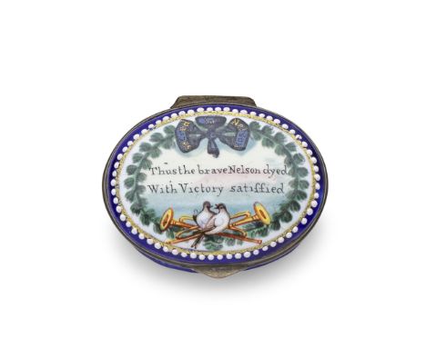 A South Staffordshire enamel patch box, early 19th centuryPainted with a laurel wreath tied with a black mourning bow inscrib