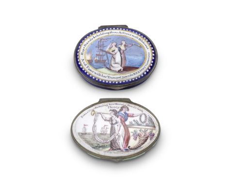 Two South Staffordshire enamel patch boxes, early 19th centuryOne printed and hand-coloured with 'Fame Proclaiming her Heroes