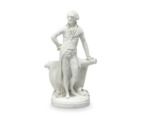 A rare Derby biscuit figure of Admiral Lord Howe, circa 1795Modelled standing look to his right, resting one hand on a cannon