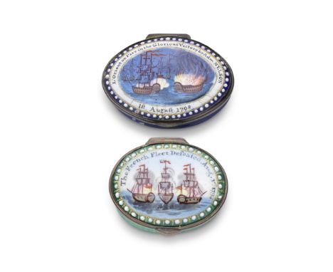 Battle of the Nile: Two South Staffordshire enamel patch boxes, circa 1800Painted with ships engaged in battle, the larger ex