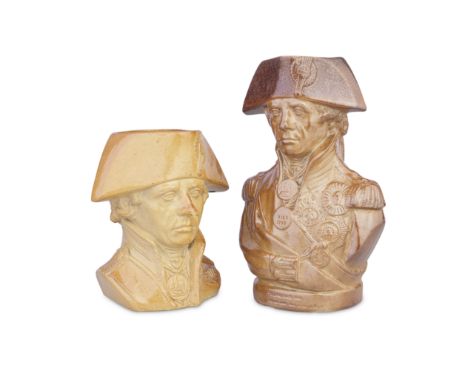 Two brown saltglaze stoneware portrait jugs, circa 1830Modelled as Nelson in military uniform, the smaller character jug with