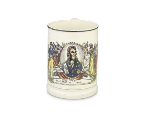 A creamware mug, early 19th centuryPrinted in black and hand-coloured with a titled portrait of Nelson surrounded by Union fl
