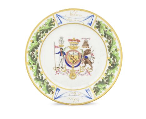 Another London-decorated Paris plate from the 'Nelson Set Dessert Service', circa 1802The brightly-painted oak leaf border re