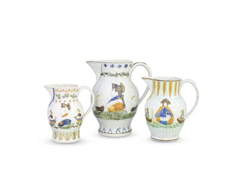 Three Prattware jugs, circa 1800Moulded and picked out in Pratt colours, two with profile portraits of 'ADMIREL DUNCAN [sic],
